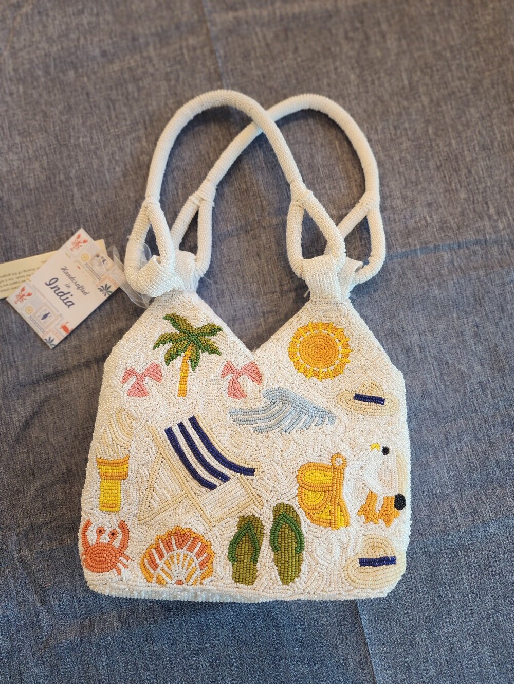 NWT Beaded Beach Motif Bucket Bag - White with Yellow & Green Accents